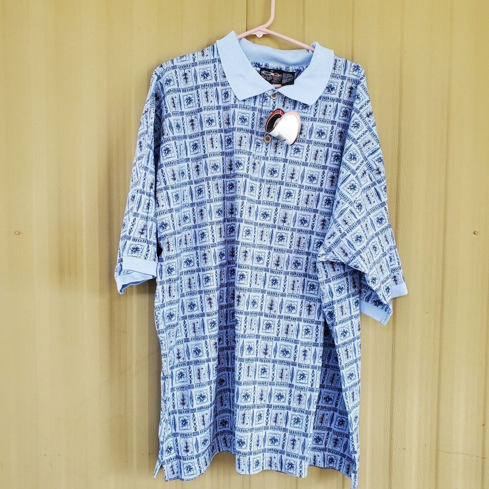Vintage OP Polo Shirt Blue Tropical Hawaiian Short Sleeve Size XXL